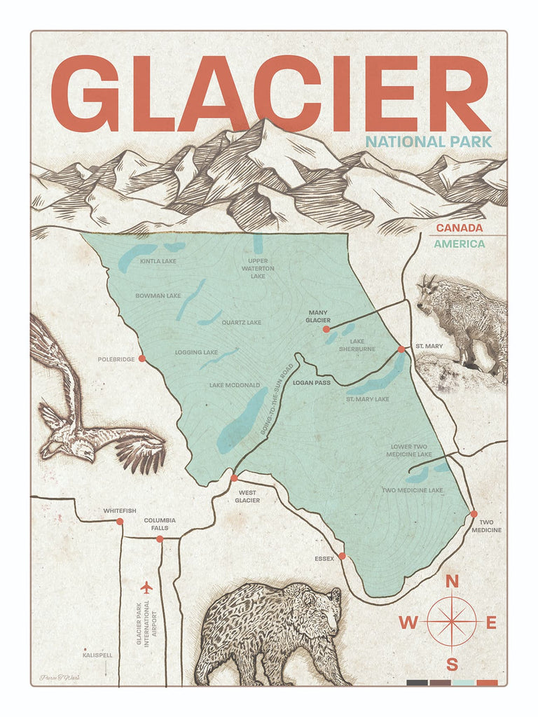 Glacier Map Glacier National Park Prints